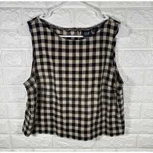 GAP Womens Medium Sleeveless Blouse Black Tan Gingham Plaid Button Back Linen‎